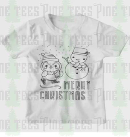 Kid's Coloring Tee with Penguin & Snowman Merry Christmas - available for pickup or to ship on or before 11/15