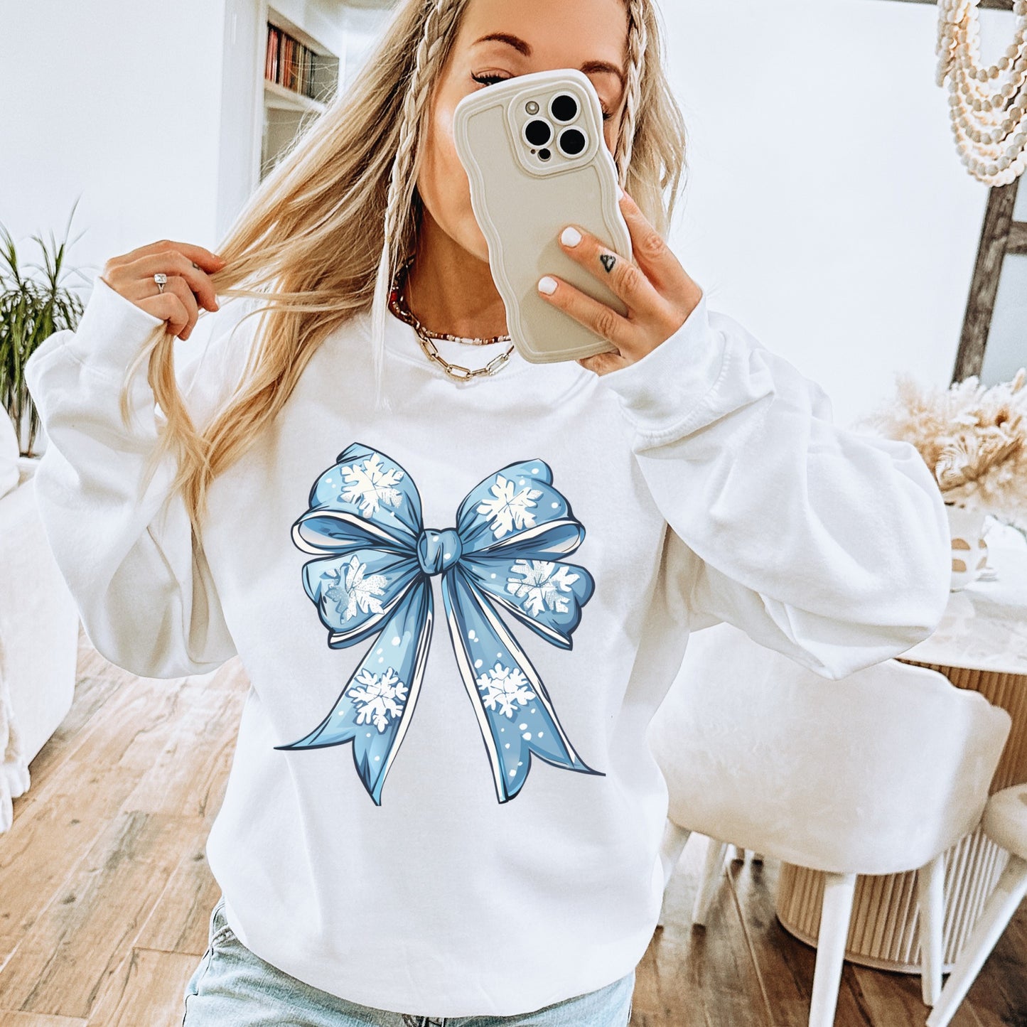 Blue Bow with White Snowflakes