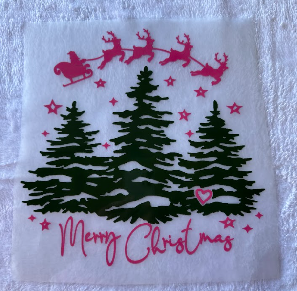 Flocked Trees with Pink Santa Merry Christmas