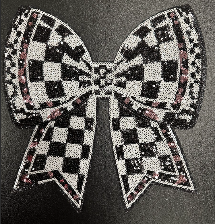 Checkered Bow Sequin Patch (Black/White/Light Pink)